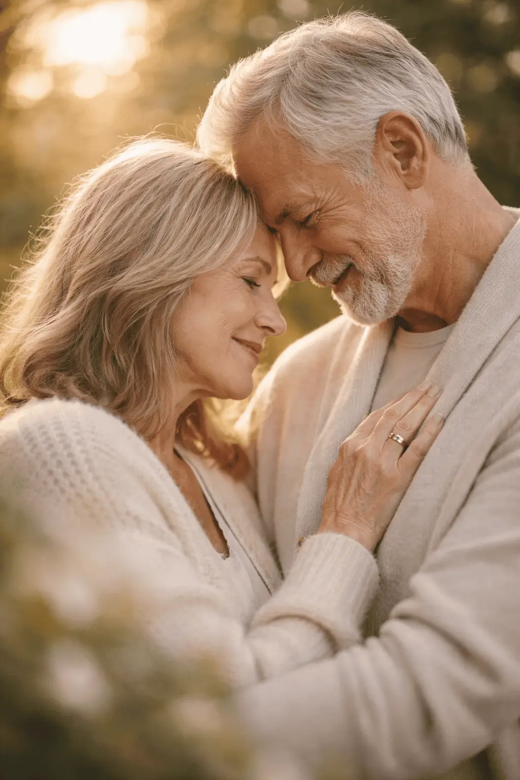 Pareja mayor abrazándose con amor regalo simbólico ARKIYA legado relaciones duraderas