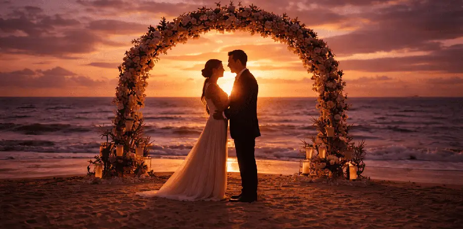 Boda en playa al atardecer experiencia ARKIYA regalo simbólico premium momentos trascendentales